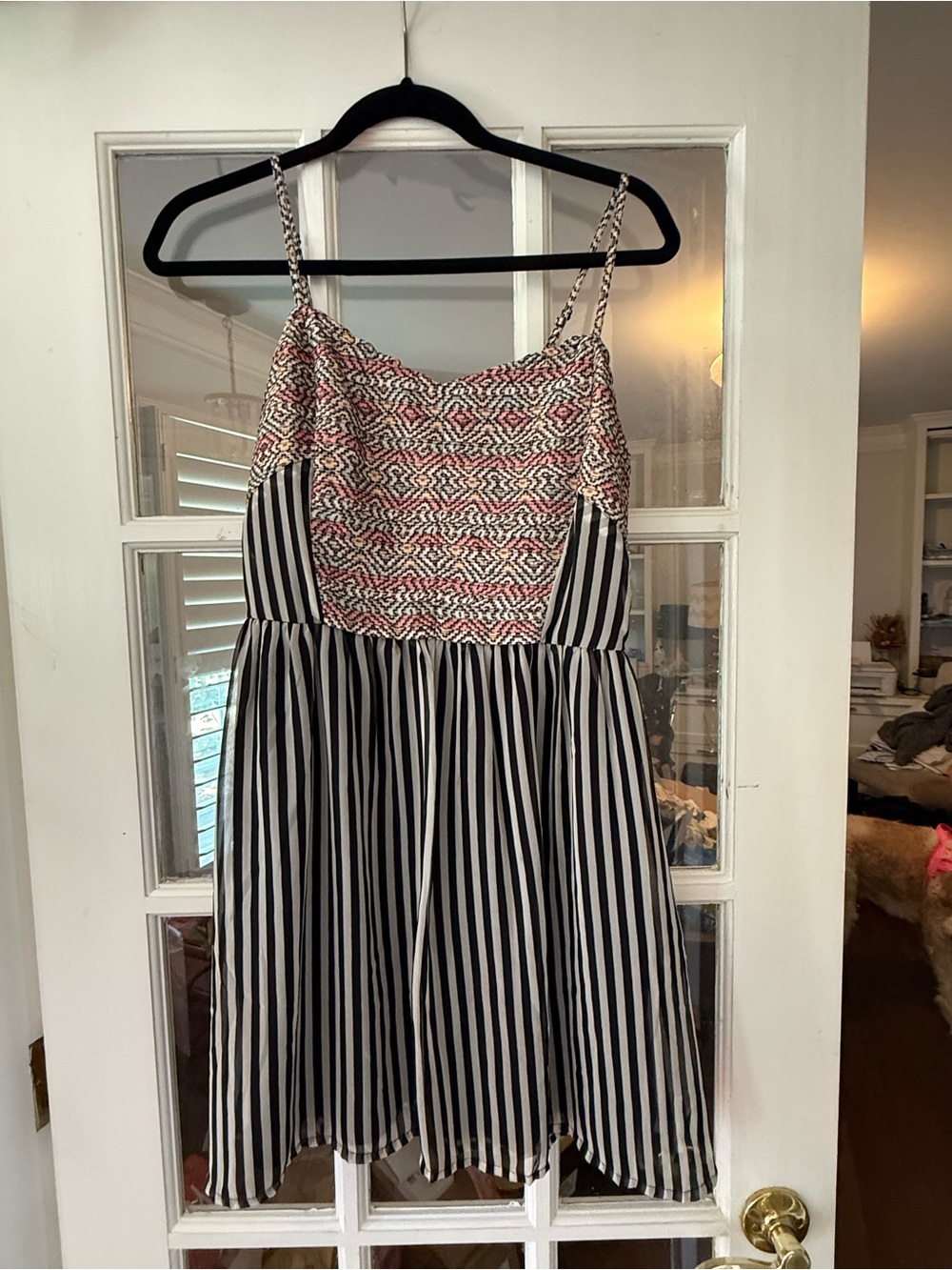 Bar III Black & White Striped Skater Dress with Patterned Bodice